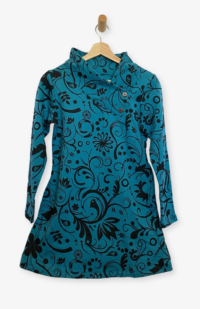 Handcrafted Cotton Fleece Pullover Jacket with Floral Silk Screen Print, Handmade by Artisans in Nepal. Fair Trade.