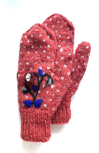 Wool knit fleece lined mittens w/ rose branch embroidery and  tik tik details. Handmade by artisans in Nepal.