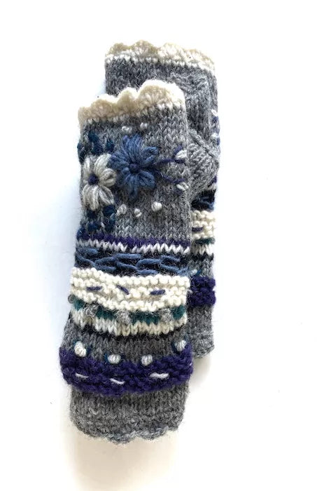 wool embroidered fingerless glove fair trade nepal