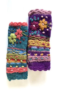 wool embroidered fingerless glove fair trade nepal