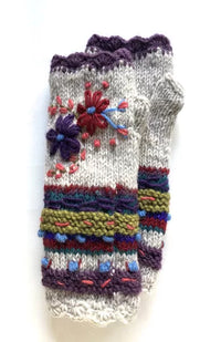 wool embroidered fingerless glove fair trade nepal
