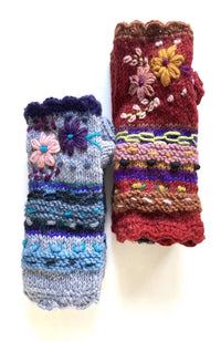 wool embroidered fingerless glove fair trade nepal