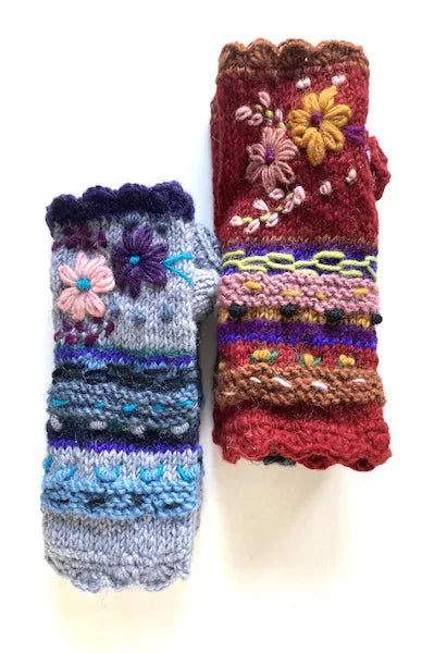 wool embroidered fingerless glove fair trade nepal