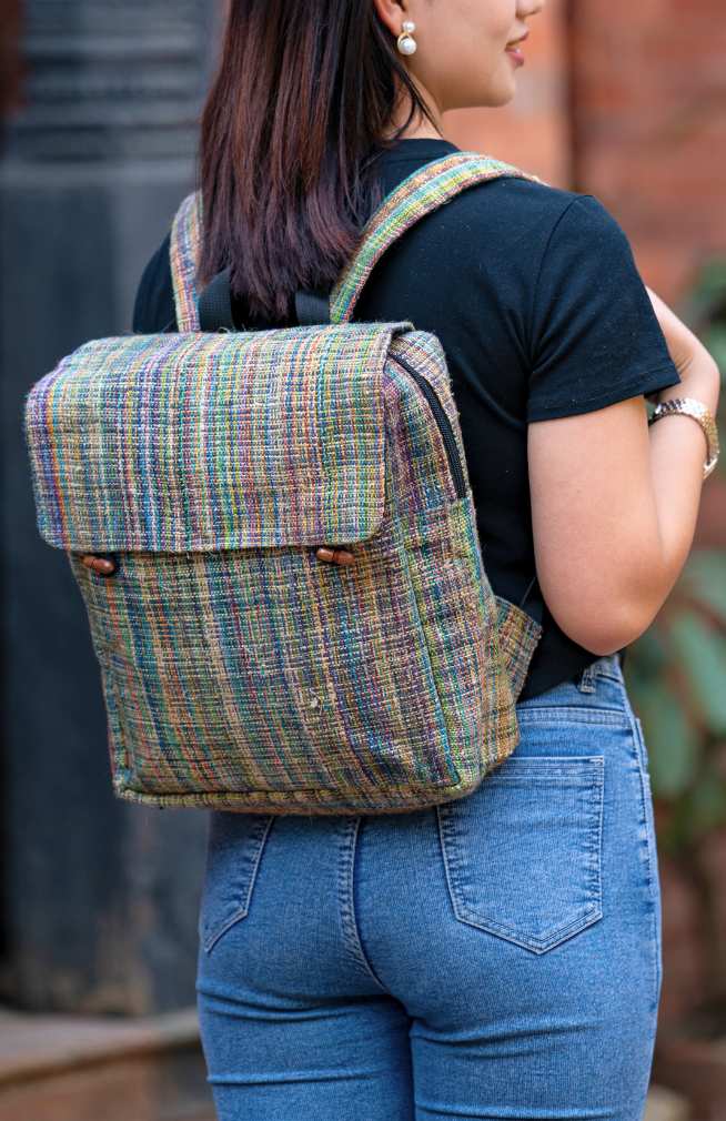 rectangular help backpack with two button flap