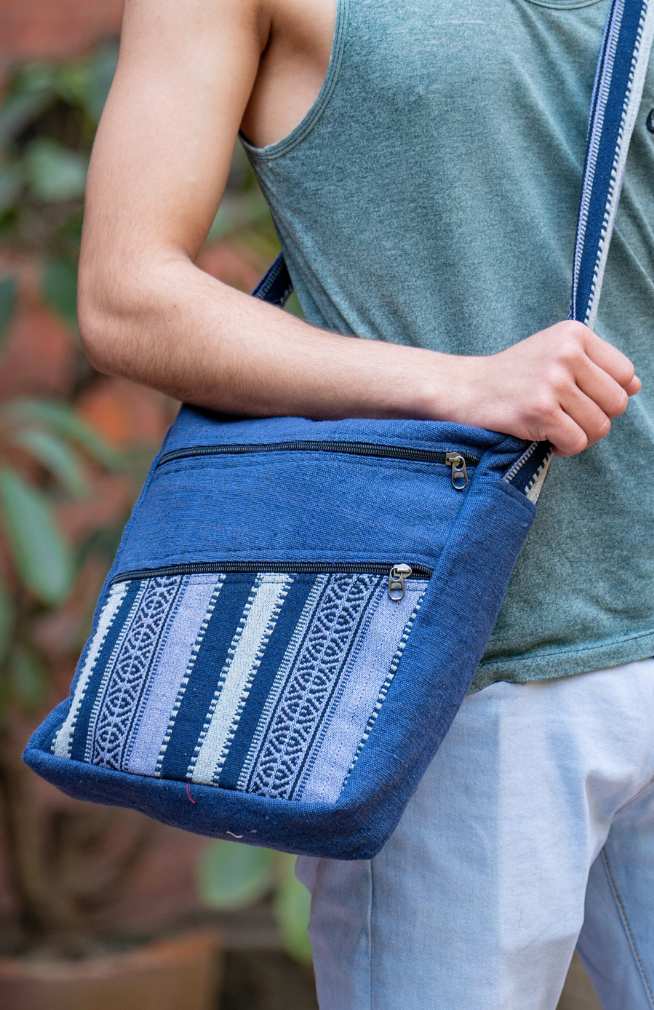 cotton cross body purse with two front diagonal zippers and cotton gyari fabric