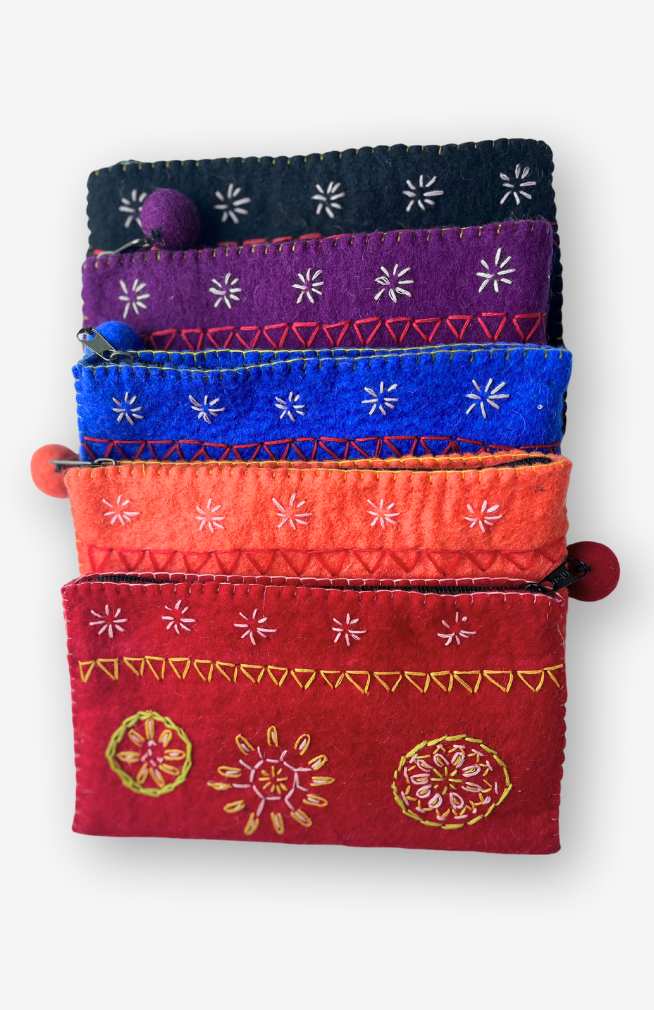 felt embroidered coin purse handmade fair trade Nepal