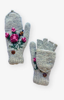 wool knit fleece lined glitten flower bee embroidery fair trade Nepal