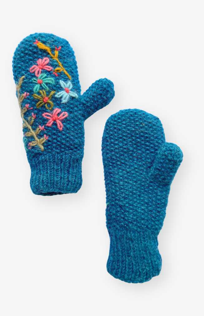 wool mittens fleece lined flower embroidery fair trade Nepal