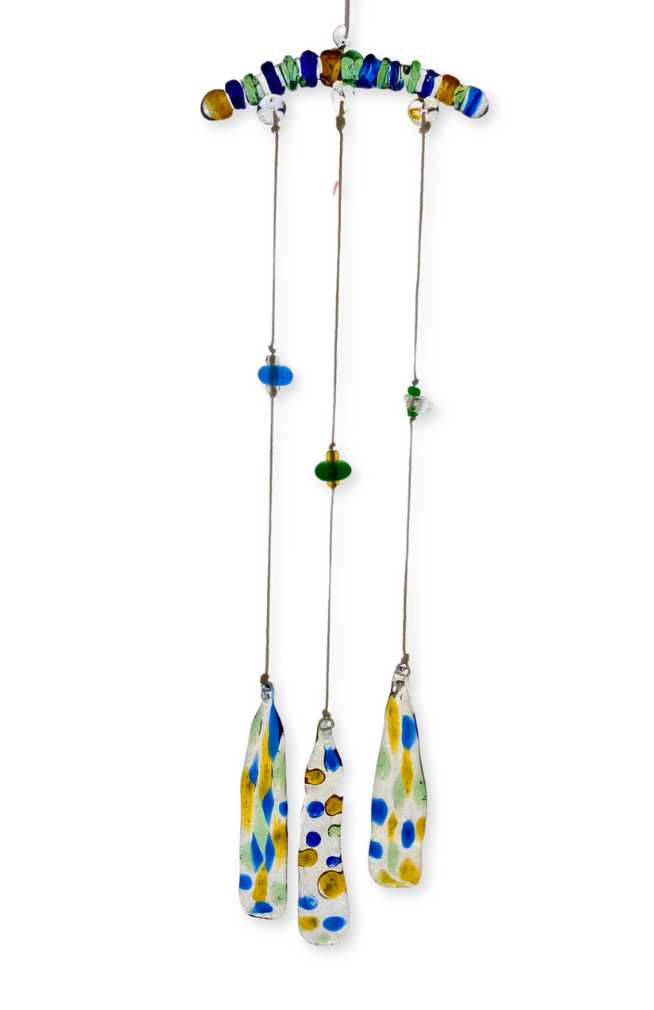 hand blown glass light catcher with three strands, fair trade Nepal