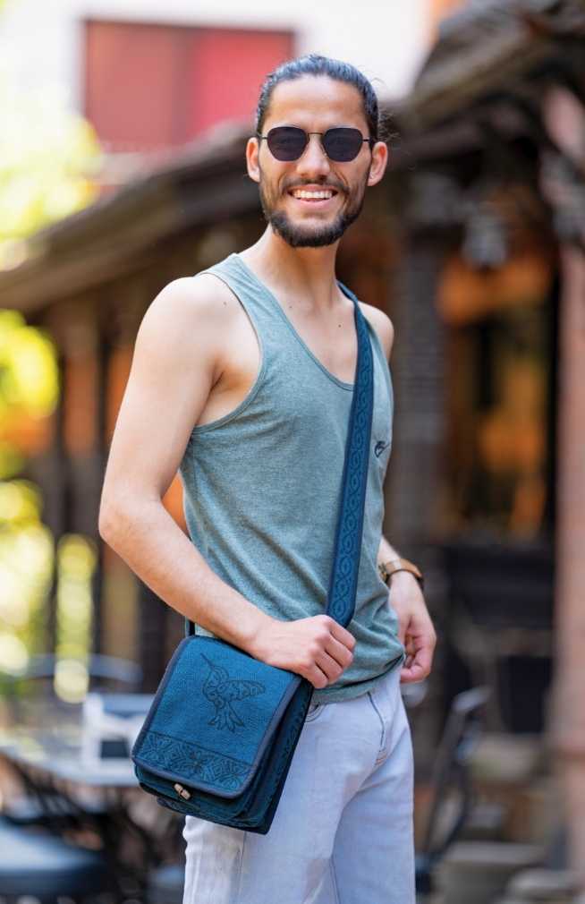 cotton blockprint camera bag with front zippered pocket