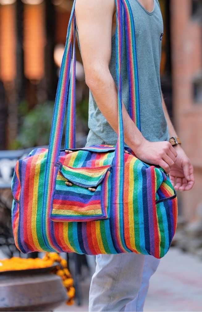 Tibetan weave duffle bag with side and front pockets