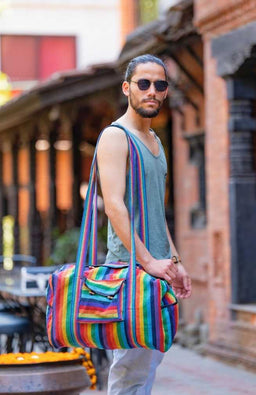 Tibetan weave duffel bag with side and front pockets