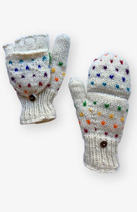 Pair of knitted white wool glittens with colorful tic tic patterns