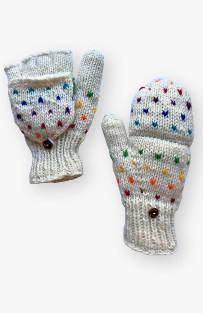 Pair of knitted white wool glittens with colorful tic tic patterns