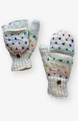 Pair of knitted white wool glittens with colorful tic tic patterns