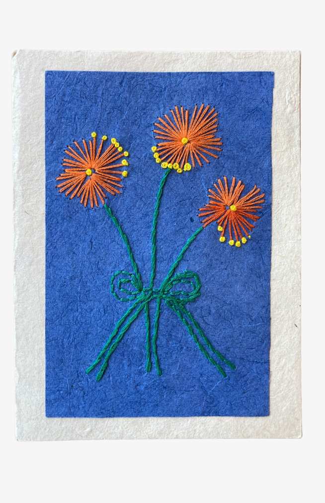 hand embroidered greeting card with flowers