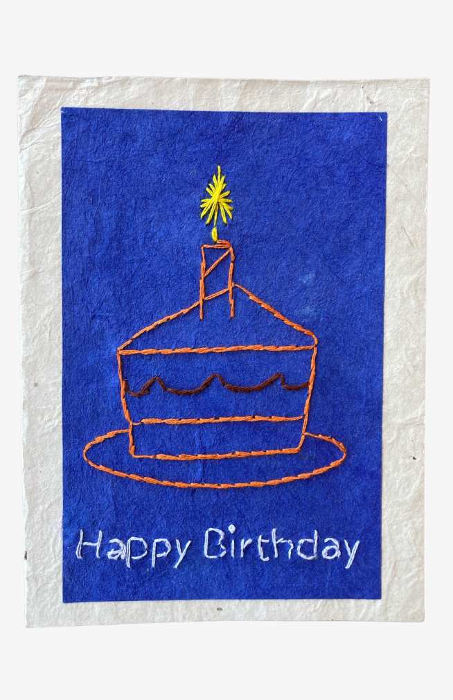 Hand embroidered happy birthday card with piece of cake and candle