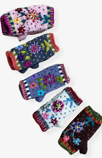 wool knit fingerless gloves with embroidered flowers, fleece lined. Fair trade Nepal