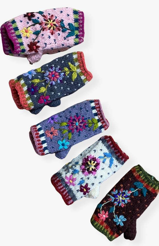 wool knit fingerless gloves with embroidered flowers, fleece lined. Fair trade Nepal