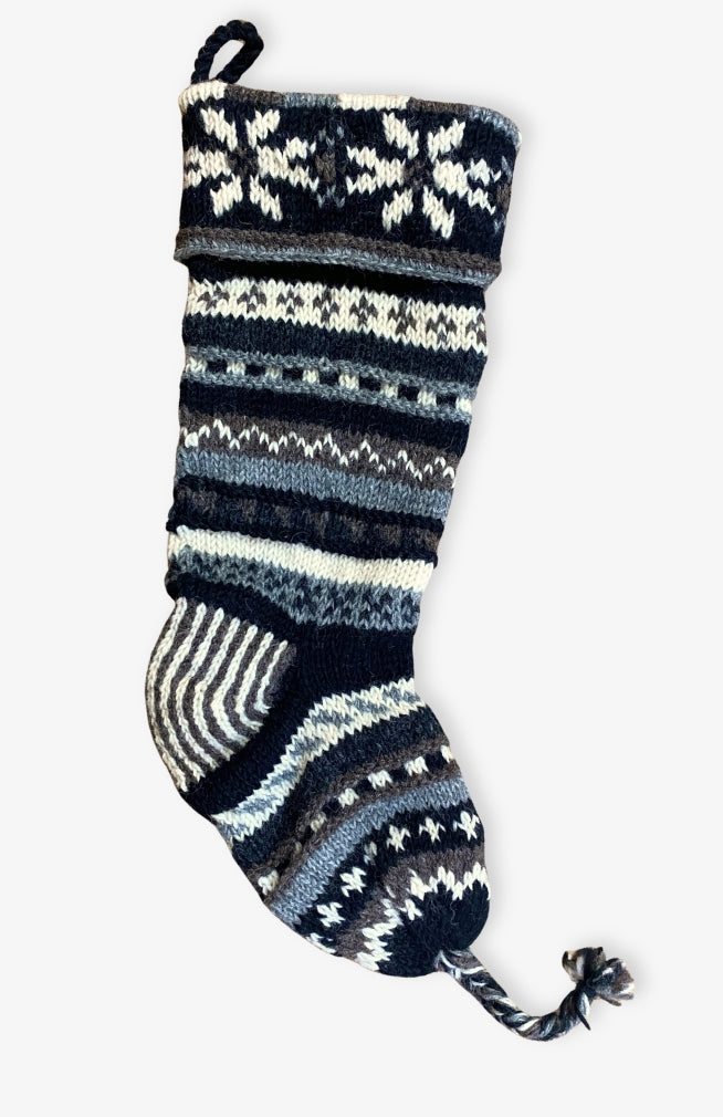 Fair Trade Hand-knit wool stocking with poinsettia and stripe design. Made by Artisans in Nepal.