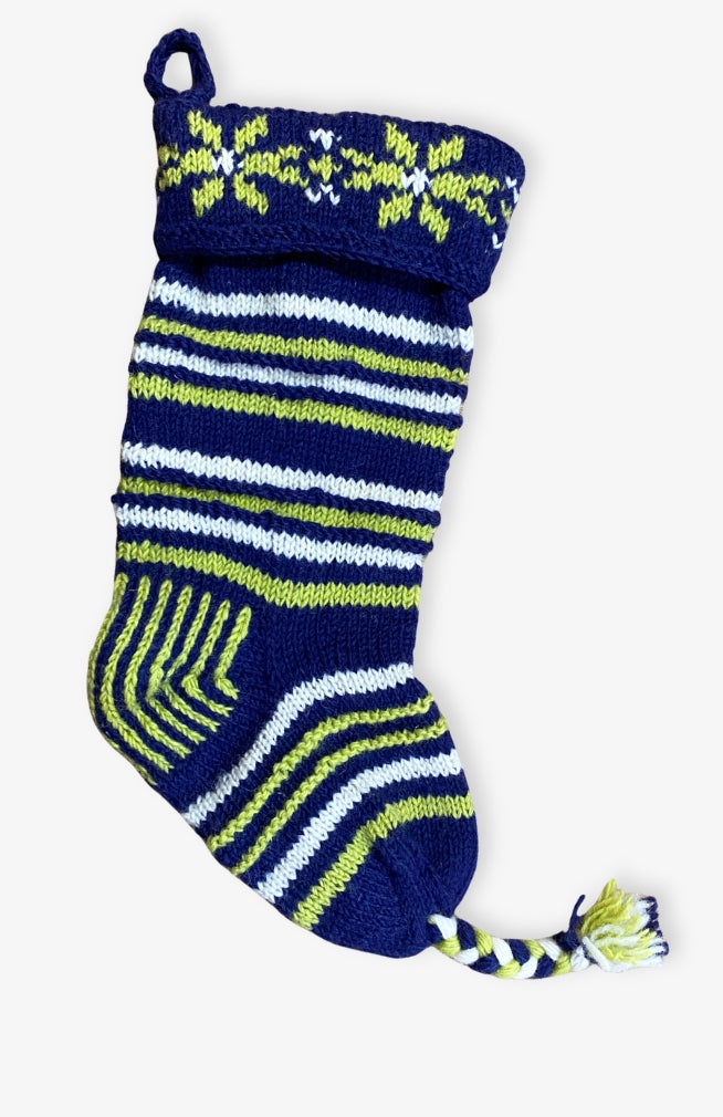 Fair Trade Hand-knit wool stocking with poinsettia and stripe design. Made by Artisans in Nepal.