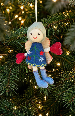 Handmade felted wool fairy with wings ornament wearing a dress, hat, and boots. Fair trade and handmade in Nepal.