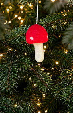 Handmade felt mushroom ornament in assorted colors. Fair Trade and Handmade in Nepal with 100% New Zealand wool.
