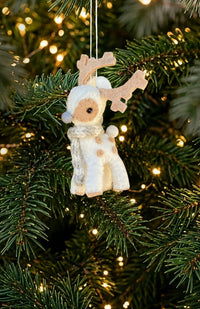 Handmade felted wool reindeer ornament with scarf. Made in Nepal. Fair Trade.