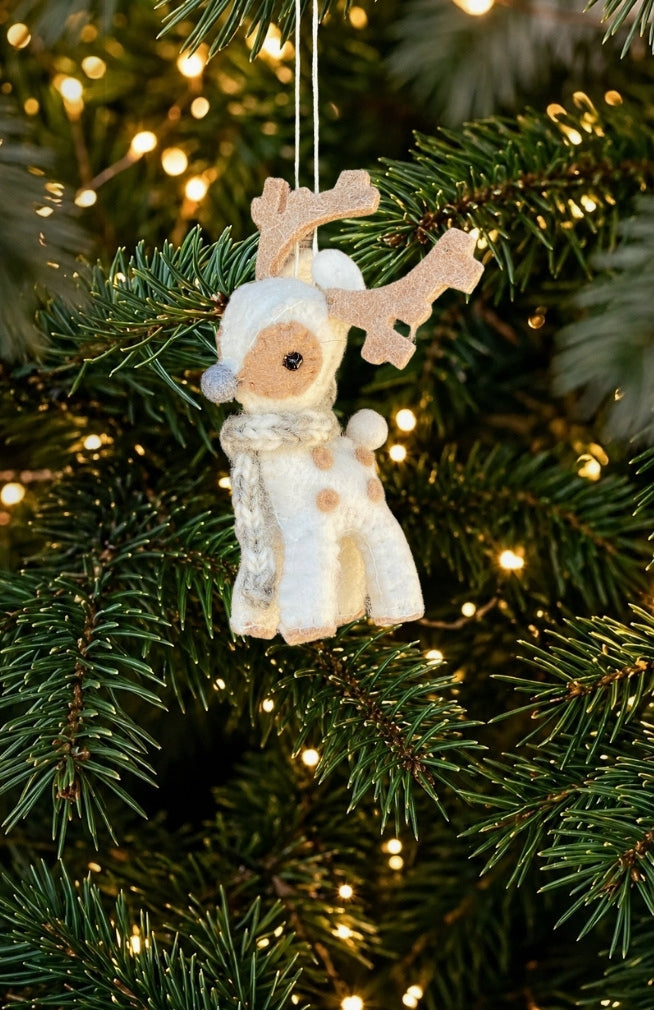 Handmade felted wool reindeer ornament with scarf. Made in Nepal. Fair Trade.