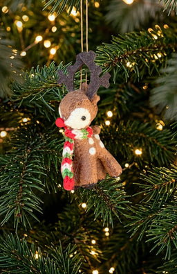 Handmade felted wool reindeer ornament with scarf. Made in Nepal. Fair Trade.