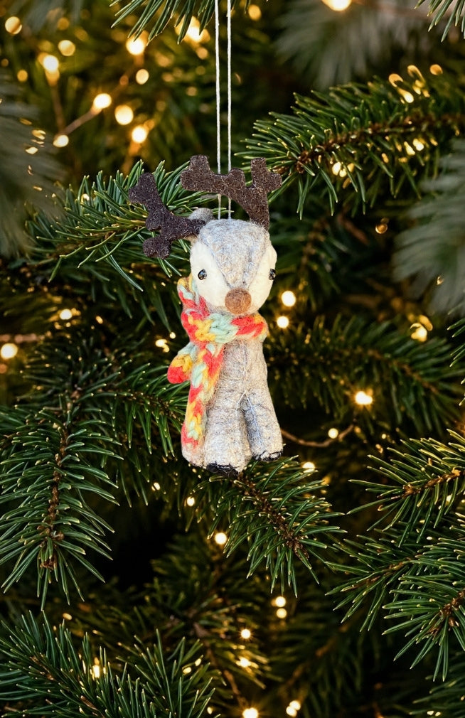 Handmade felted wool reindeer ornament with scarf. Made in Nepal. Fair Trade.