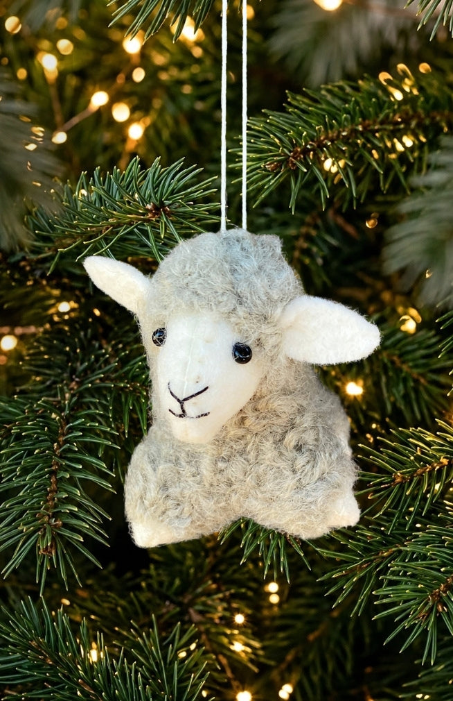 Hand felted Sheep Ornament made in Nepal from 100% New Zealand Wool. Fair Trade