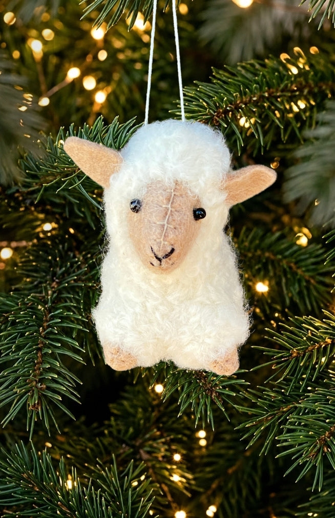 Hand felted Sheep Ornament made in Nepal from 100% New Zealand Wool. Fair Trade