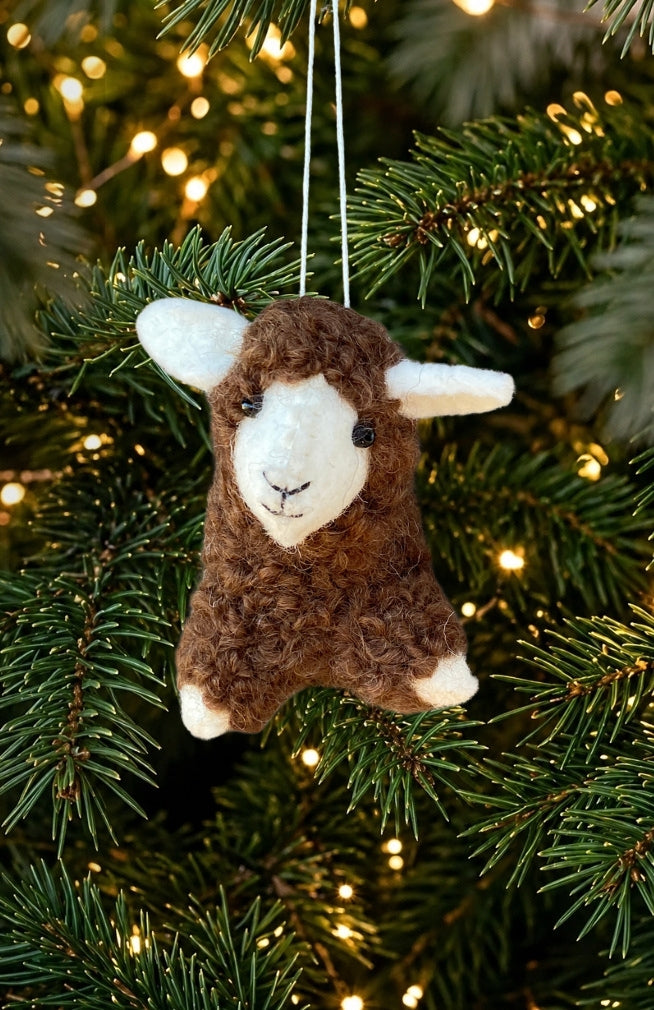 Hand felted Sheep Ornament made in Nepal from 100% New Zealand Wool. Fair Trade
