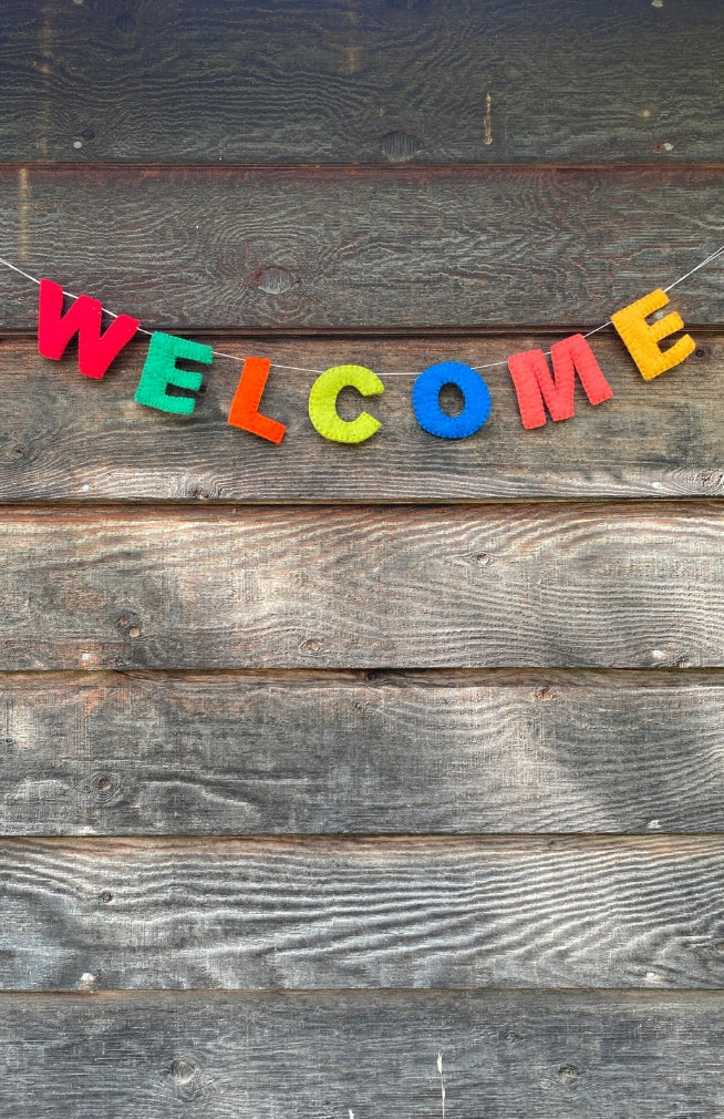 Colorful Felt "Welcome" Garland, handmade in Nepal.
