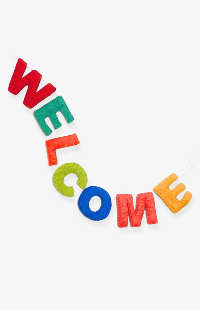 Colorful Felt "Welcome" Garland, handmade in Nepal.