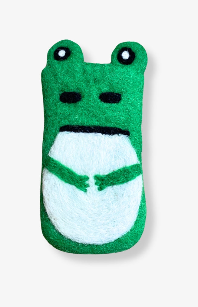  A green and white felted wool frog-shaped eyeglass holder handmade in Nepal