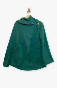 Handcrafted fleece wrap around jacket with pockets and hood in turquoise. Fair Trade, Made by artisans in Nepal.