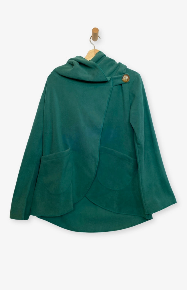 Handcrafted fleece wrap around jacket with pockets and hood in turquoise. Fair Trade, Made by artisans in Nepal.