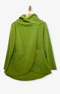 Handcrafted fleece wrap around jacket with pockets and hood in bright/ lime green. Fair Trade, Made by artisans in Nepal.