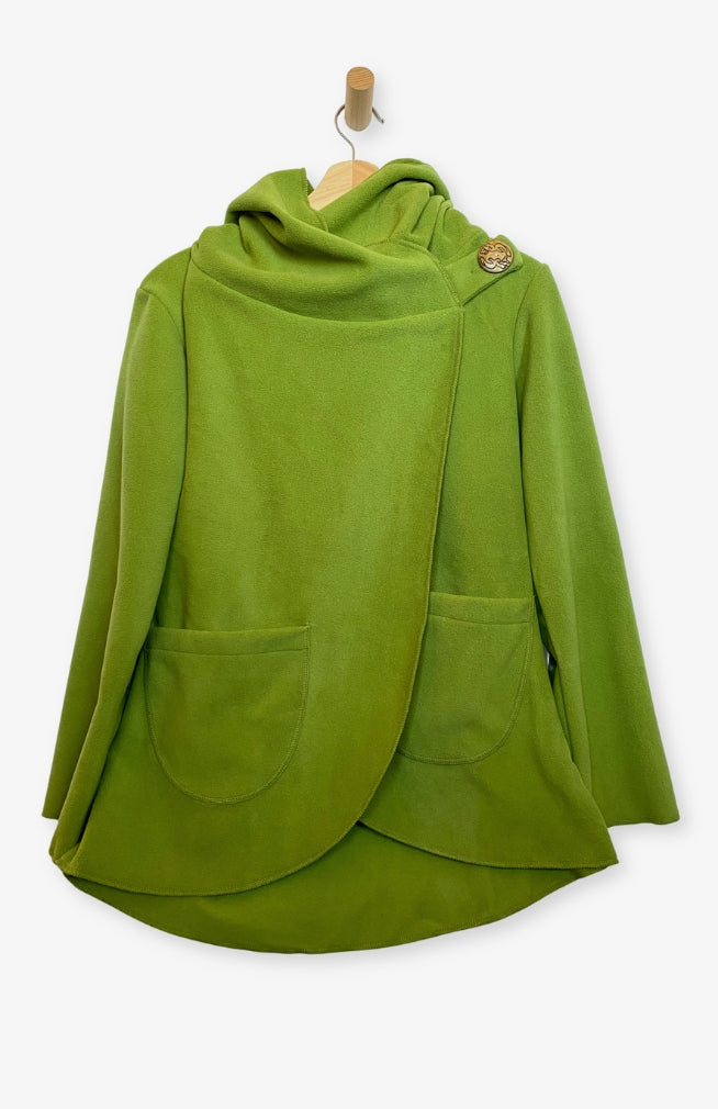Handcrafted fleece wrap around jacket with pockets and hood in bright/ lime green. Fair Trade, Made by artisans in Nepal.