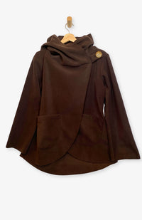 Handcrafted fleece wrap around jacket with pockets and hood in brown. Fair Trade, Made by artisans in Nepal.