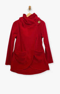 Handcrafted fleece wrap around jacket with pockets and hood in red. Fair Trade, Made by artisans in Nepal.