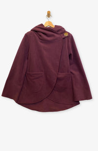 Handcrafted fleece wrap around jacket with pockets and hood in burgundy. Fair Trade, Made by artisans in Nepal.