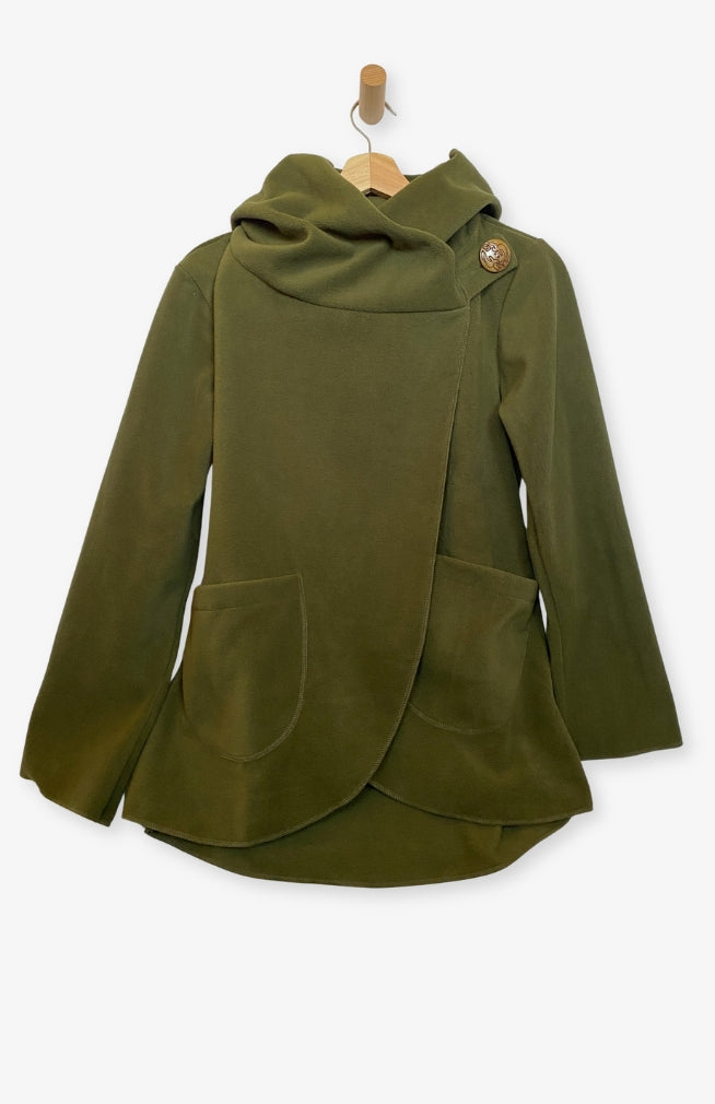 Handcrafted fleece wrap around jacket with pockets and hood in olive green. Fair Trade, Made by artisans in Nepal.