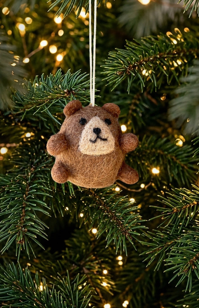 handmade small round brown teddy bear ornament, handmade in Nepal.