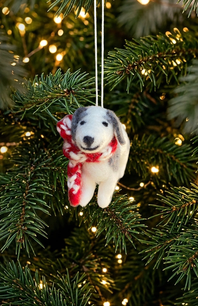 Hand felted dog with scarf ornament. Fair Trade and handmade in Nepal.