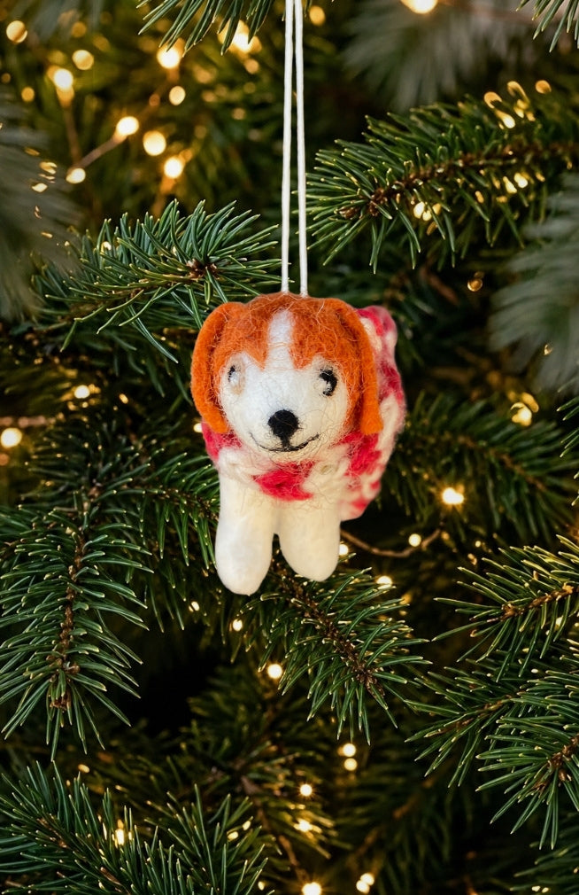 Hand felted dog with scarf ornament. Fair Trade and handmade in Nepal.