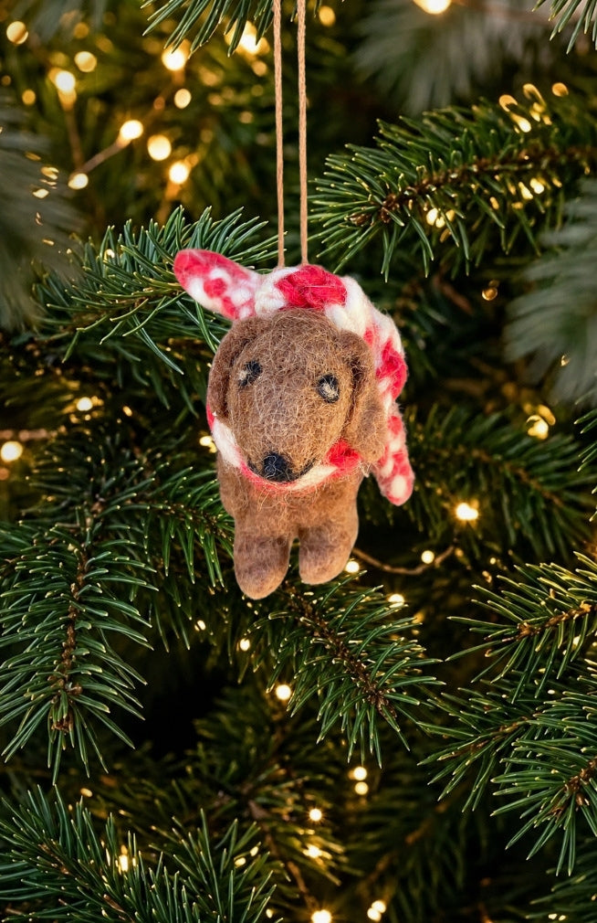 Hand felted dog with scarf ornament. Fair Trade and handmade in Nepal.