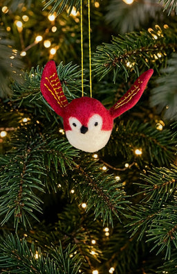 Flying red bird ornament with gold embroidered wings. Fair trade Nepal.